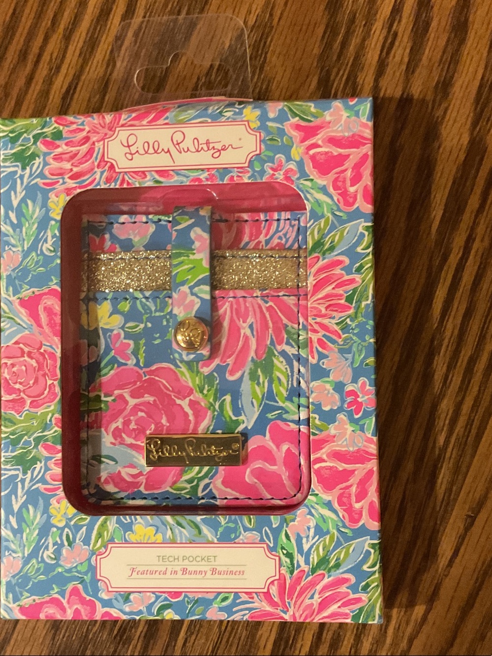 Lilly Pulitzer Blue Floral Tech Pocket with Pink & Gold Accents